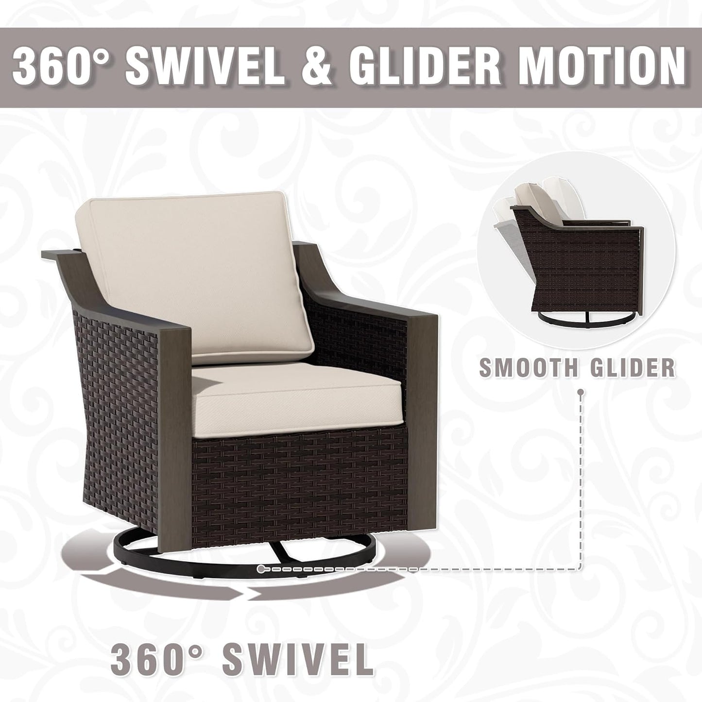 5 Piece Wicker Patio Conversation Set, All-Weather Use Outdoor 2 PE Rattan Swivel Chair, 2 Ottoman, 1 Patio Sofa, Removable Water-Resistant Cushion, Ideal for Porch, Backyard, Balcony, Poolside, Beige