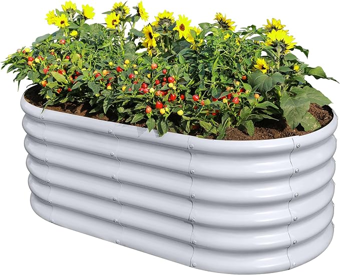 Land Guard 18“ Tall 4×2ft Galvanized Raised Garden Bed Kit, Galvanized Planter Garden Boxes Outdoor, Oval Large Metal Raised Garden Bed for Vegetables……… (Modern Gray, 4×2×1.5ft)
