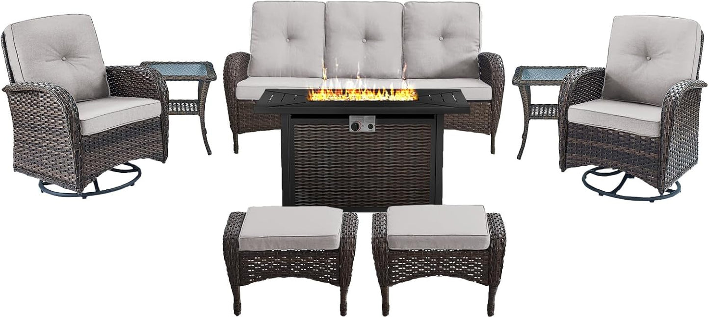 8 Piece Patio Furniture Set with 50000 BTU Propane Fire Pit Table, Outdoor Conversation Set with 2 Swivel Rocker Chairs Wicker Sofa and Ottomans for Casual Gatherings Beige Cushion