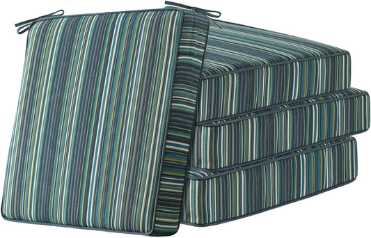 Sunbrella Square Corner Seat Cushions, 19" x 19" x 3", Set of 4, Indoor Outdoor Water Repellent Universal Chair Pads with Ties for Patio Furniture, Garden Deck Dining Chairs, Beach Stripe Lagoon