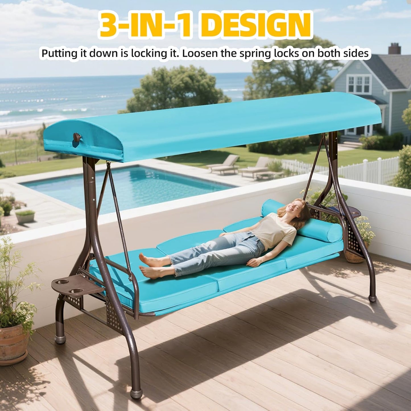 3-seat Patio Swing with Canopy,Convertible Outdoor Swing Bed with Thick Cushions, Pillows & Cup Holders, 3-Seat Outdoor Swings Chair for Backyard, Garden, Deck(Lake Blue)
