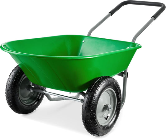 Best Choice Products Dual-Wheel Home Utility Yard Wheelbarrow Garden Cart w/Built-in Stand for Lawn, Gardening, Construction - Bright Green