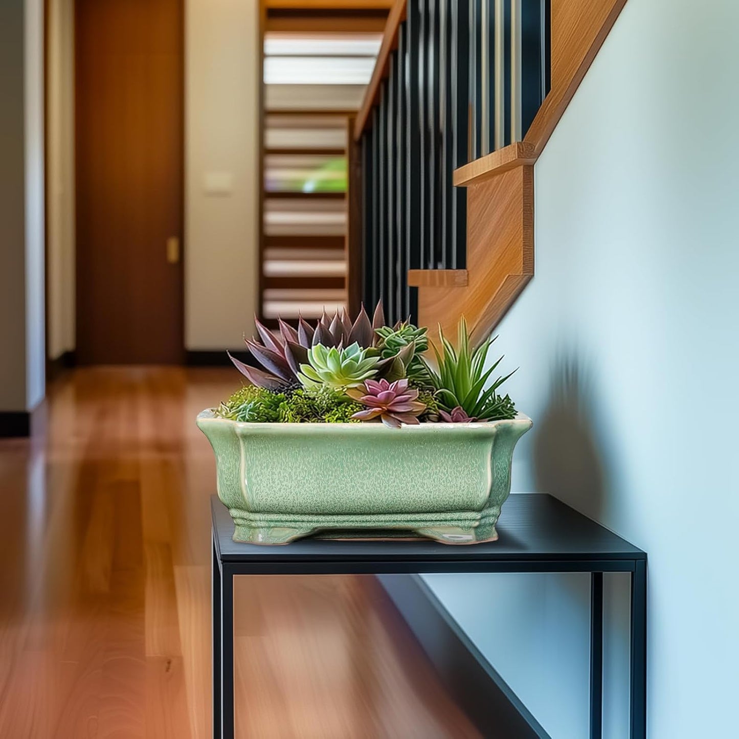 Bonsai Tree Pot 11.6 Inch - Ceramic Succulent Pots, Bonsai Planter for Indoor Outdoor, Decorative Plant Pot with Drainage Hole, Rectangular Flower Pot, Home Garden Decor, Garden Gifts, Green