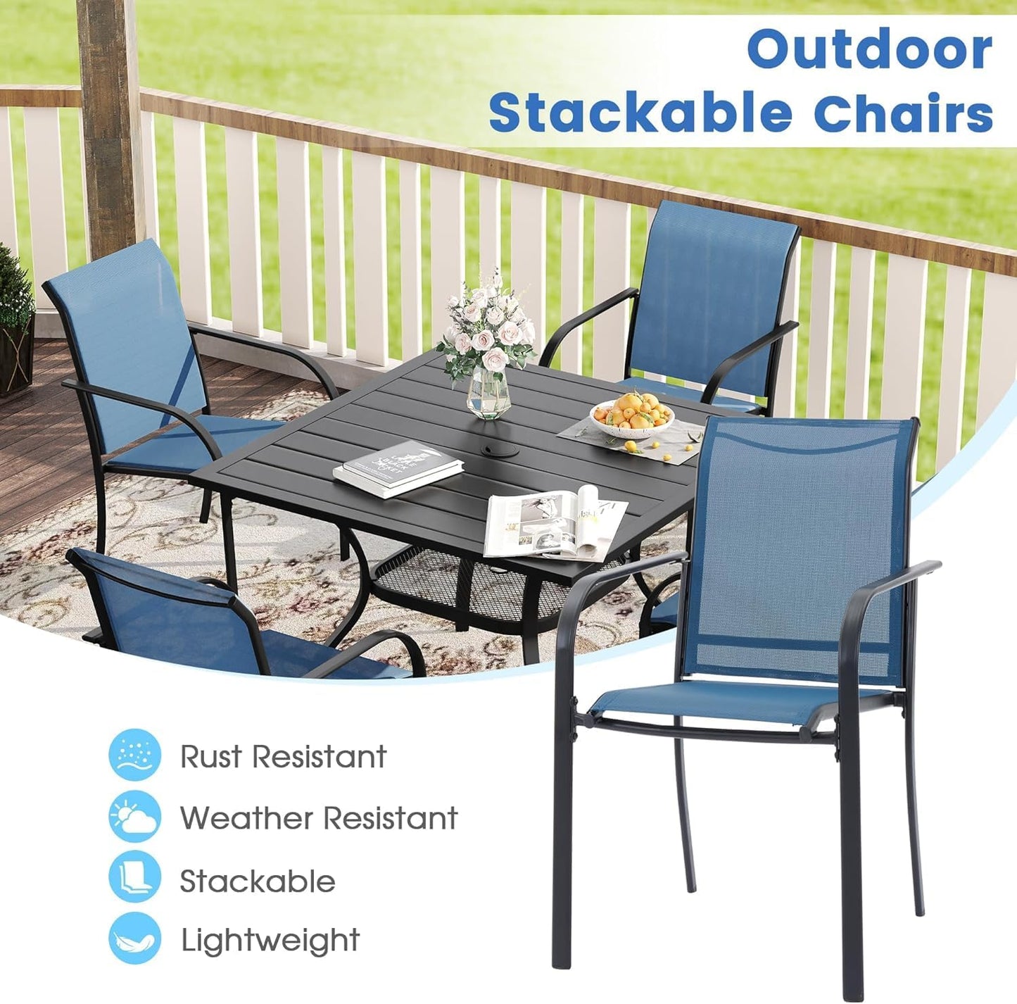 VICLLAX Patio Dining Set for 8, Outdoor Furniture Set Includes 53" Round Patio Table and 8 Patio Sling Chairs, Black Tabletop and Blue Fabric