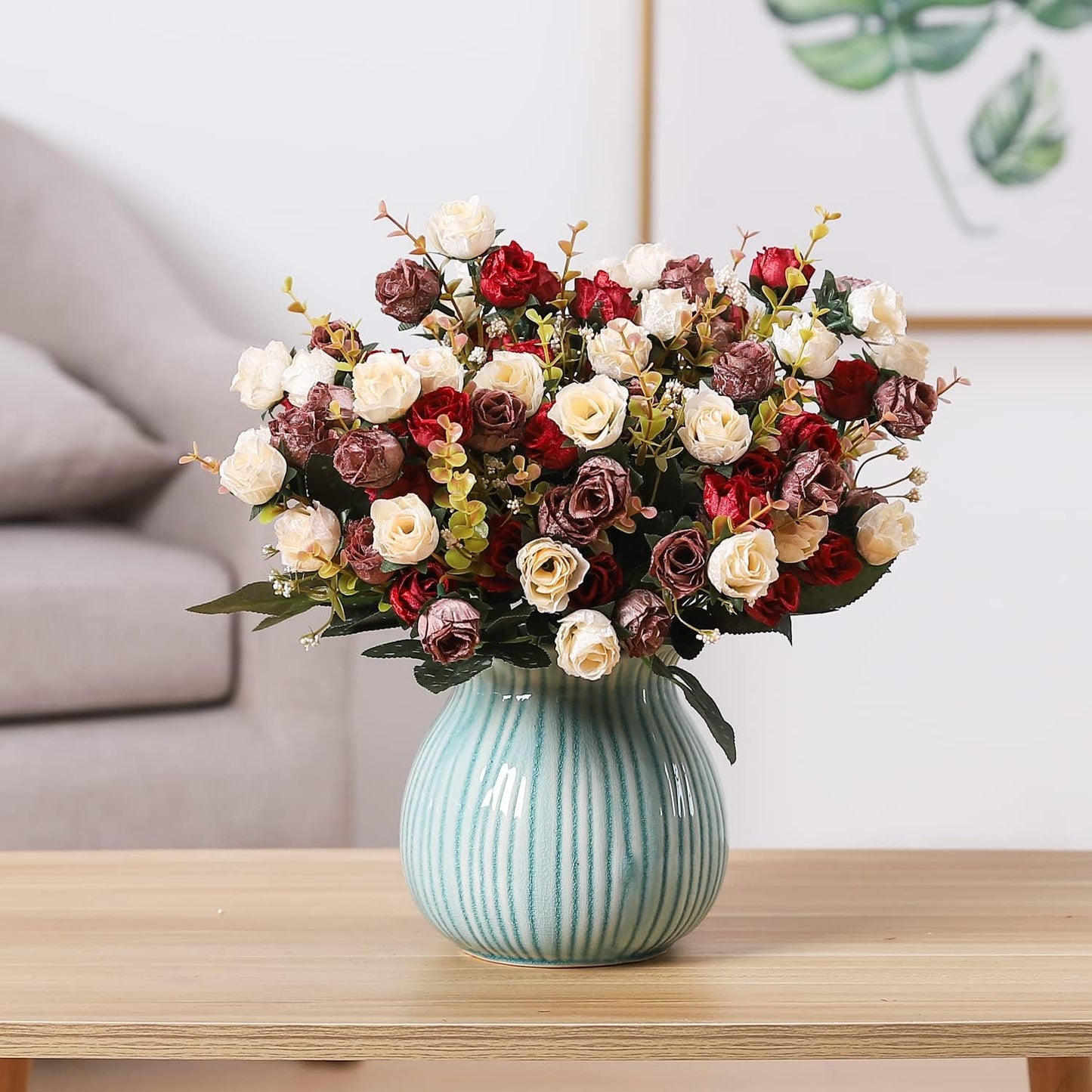 Duovlo 7 Branch 21 Heads Artificial Flowers Bouquet Mini Rose Wedding Home Office Decor,Pack of 4 (Red)