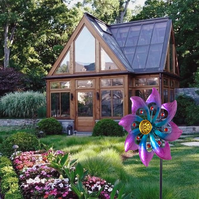 VEWOGARDEN Garden Metal Flower Wind Spinners Outdoor, Kinetic Wind Sculptures & Spinners for Yard Lawn Patio Decorations, Blue-Purple