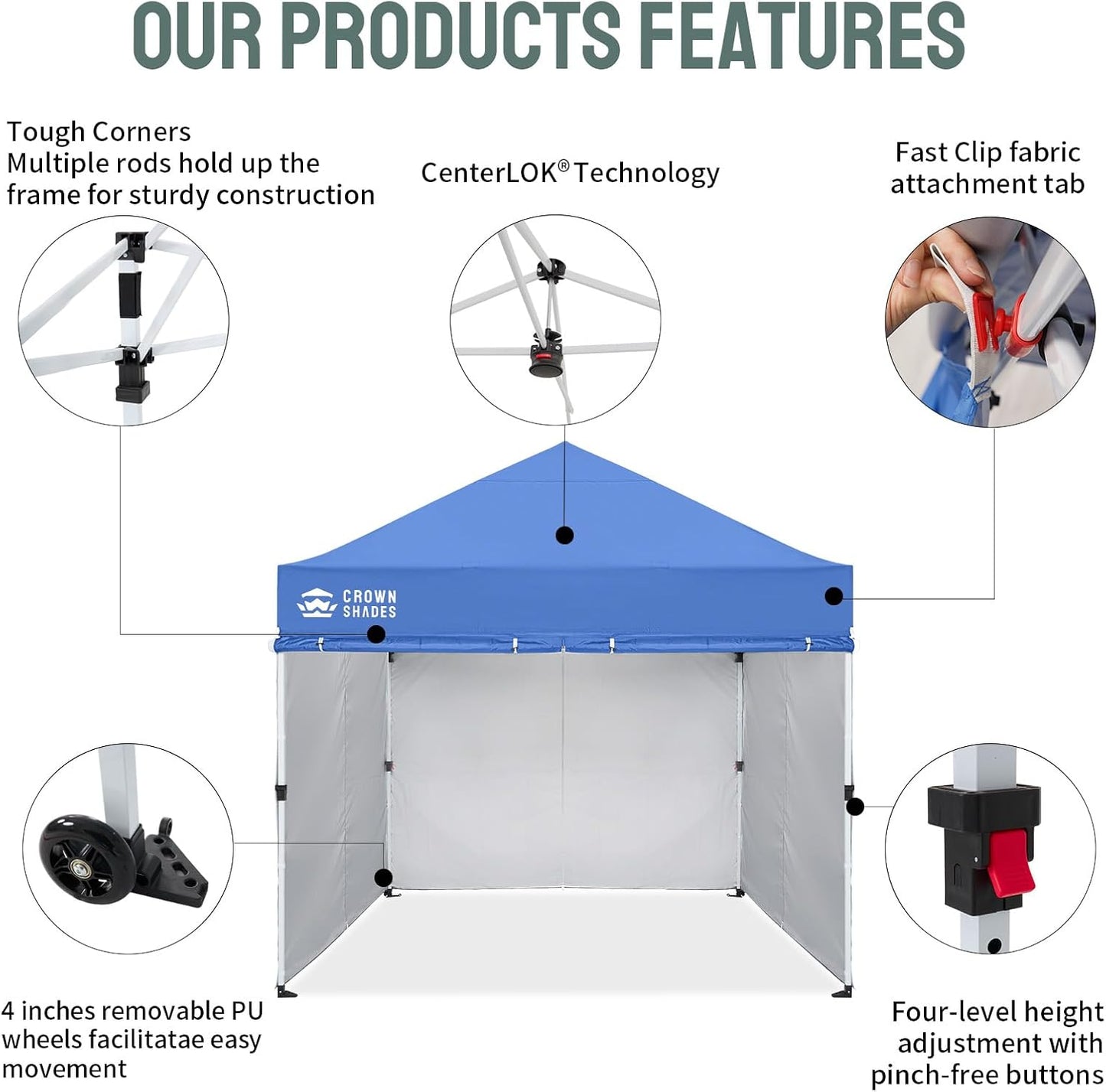 CROWN SHADES Pop Up Canopy Tent, 8x8 Commercial Canopy Tent with 4 Sidewalls, 4" Wheels, 4 Upgraded Weights, Patented Centerlock, 400D Fabric, Sto'N Go Bag, Blue