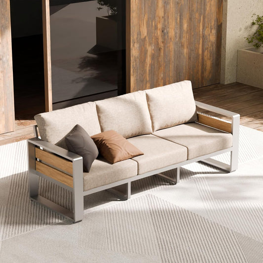 ZANDOR Outdoor Aluminum Patio Furniture - 1 Pcs 3-Seat, All-Weather Metal Modern Outside Sofa with Washable Thick Cushion for Garden/Backyard/Porch, Silver