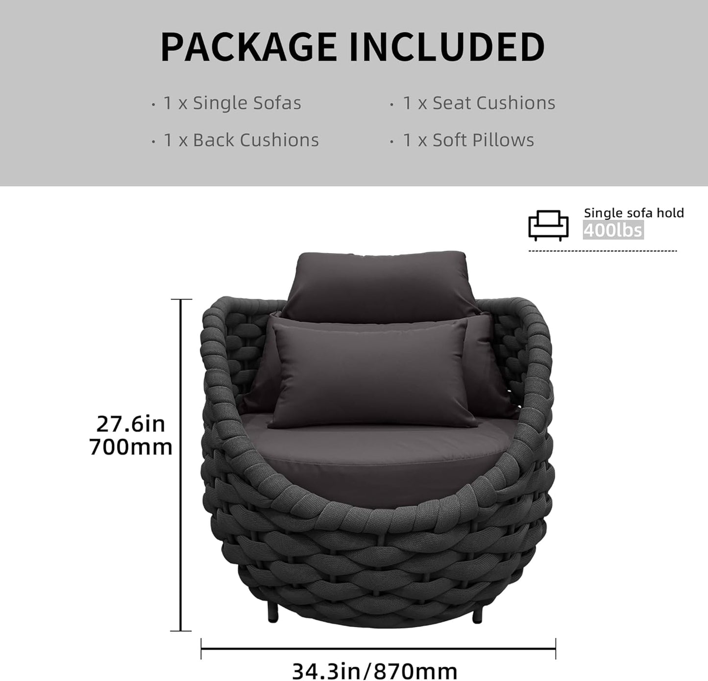TWT Outdoor Couch All-Weather Textilene Rope Outdoor Chairs Set of 2 with Cushions & Pillows, Patio Couch Outdoor Patio Furniture Set for Patio, Balcony, Backyard, Deck, Poolside, Dark Grey