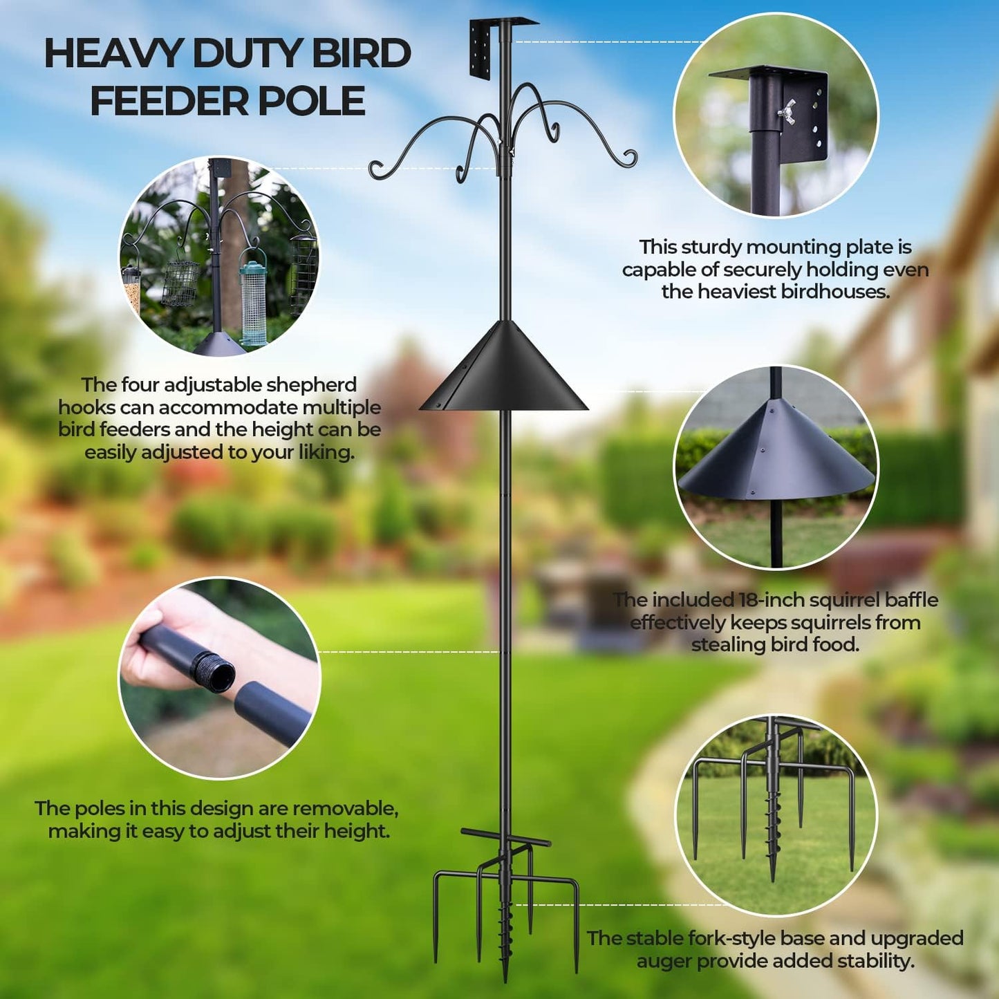 Bird Feeders Pole, House Pole 92 Inch, Adjustable Heavy Duty Feeder Stand Feeding Station with Sturdy Anchor Squirrel Proof Baffle for Watching (Bird Not Included)