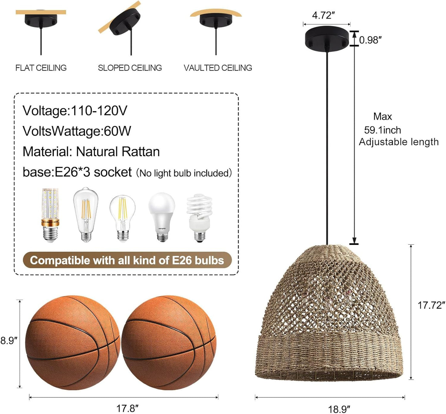 18.9" Rattan Chandelier, Coastal Large Pendant Light,Boho 3-Light Wicker Hand-Woven Seagrass Pendant Lighting Ceiling Hanging,for Kitchen Islands, Dining Rooms, and Farmhouses.