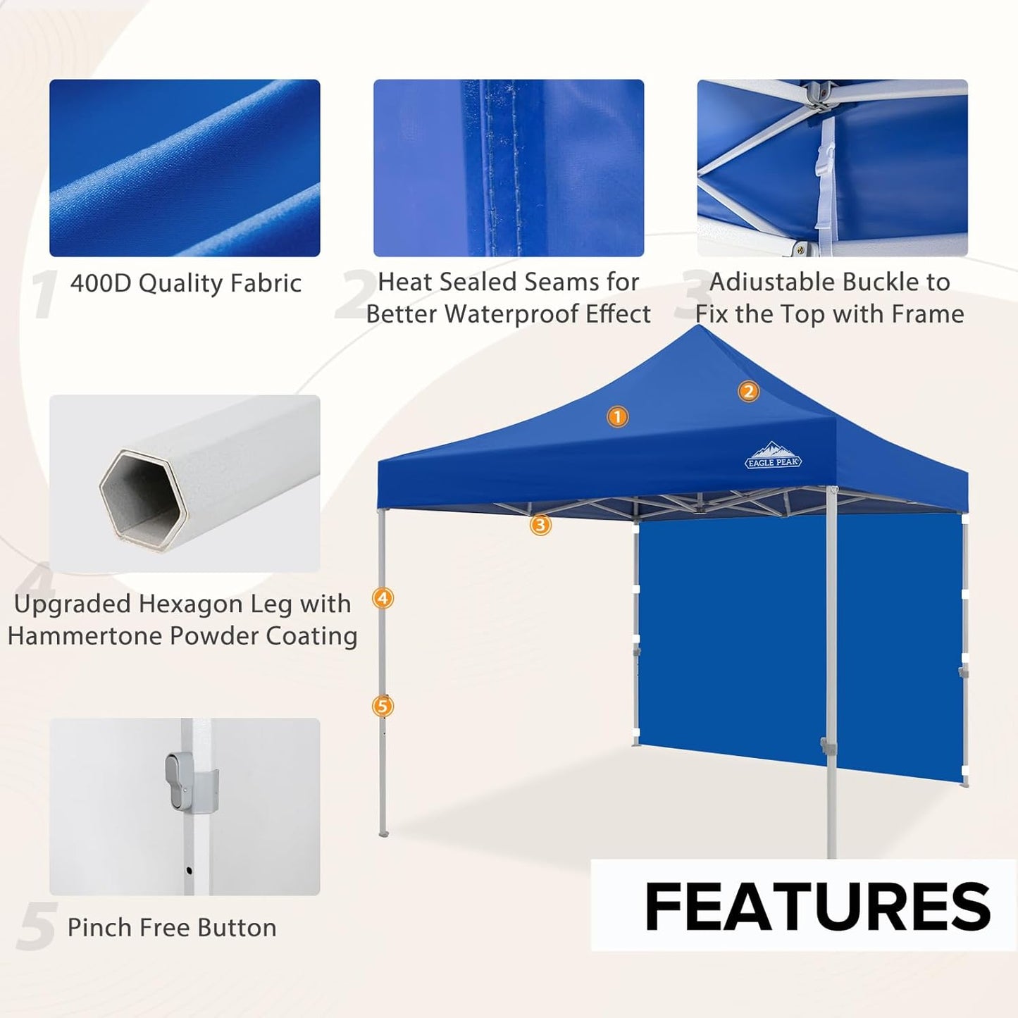 EAGLE PEAK 10x10 Heavy Duty Pop up Commercial Canopy Tent with One Removable Sidewall, Instant Sun Shelter with Roller Bag, 4 Sandbags, Blue