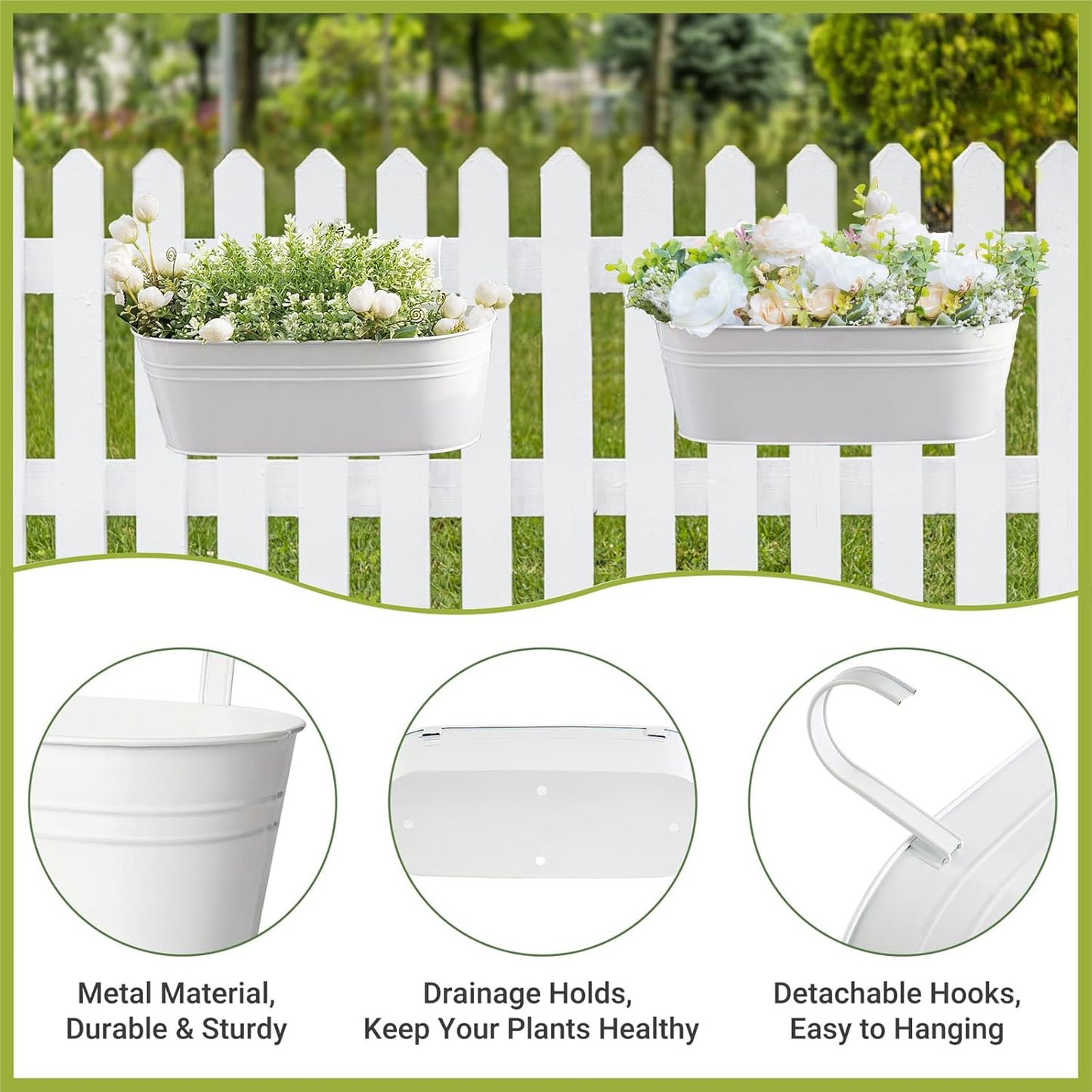 Dahey 3 Pcs Metal Iron Hanging Flower Pots for Railing Fence 15.7 Inch Hanging Bucket Pots Countryside Style Window Flower Plant Holder with Detachable Hooks for Garden Yard Home Decor, White