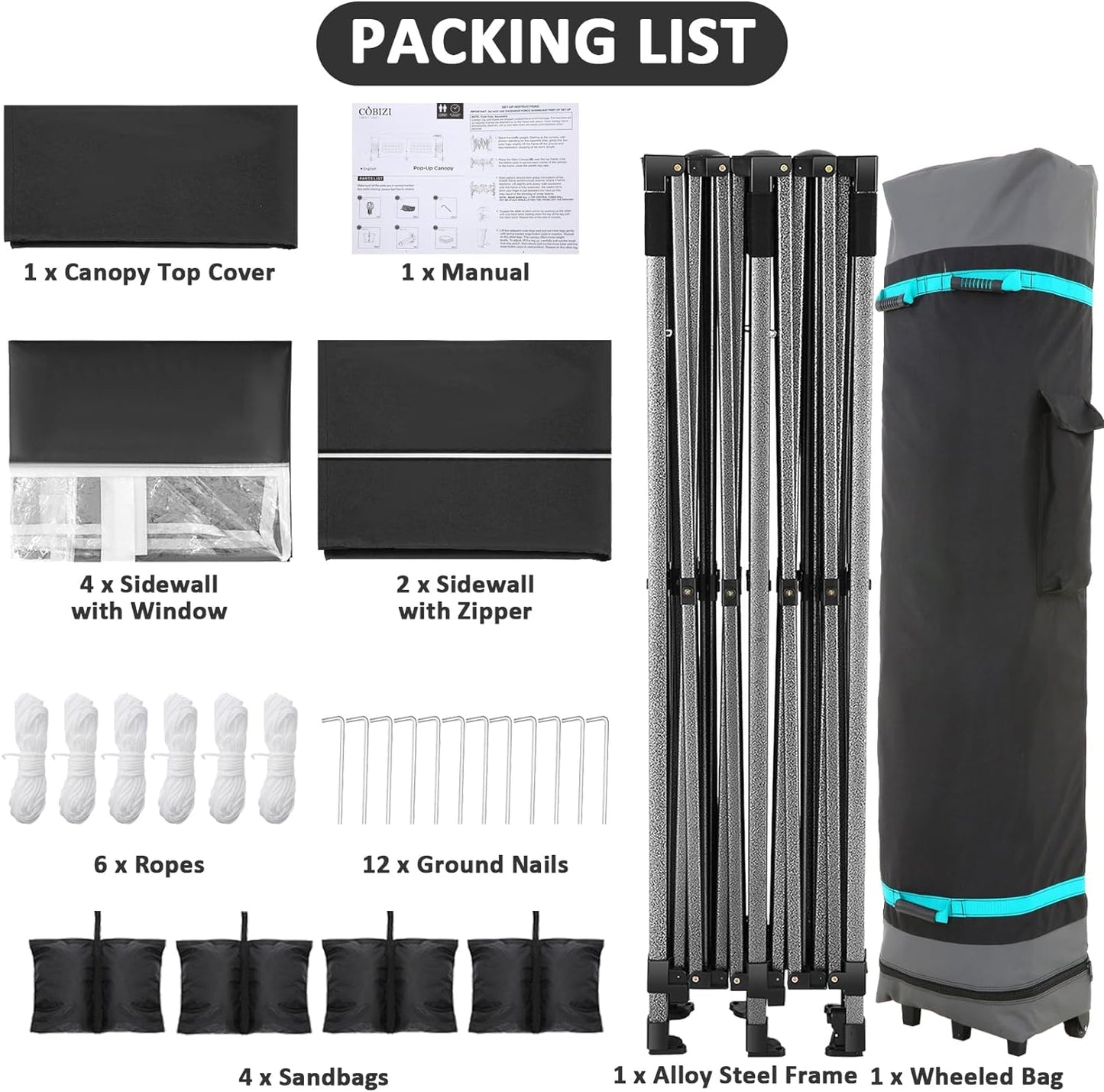 COBIZI 10x20 Pop Up Canopy with 6 Sidewall,Heavy Duty Canopy UPF 50+ All Season Wind Waterproof Commercial Outdoor Wedding Party Tents for Parties Gazebo with Roller Bag(10 x 20 ft Black)