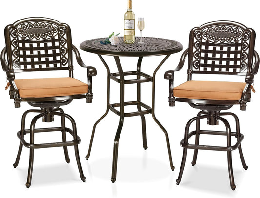 3-Piece Patio Swivel Bar Set, High Top Bar Table & Chairs, All-Weather Cast Aluminum Swivel Bar Stools (2) & 35.4" Table, Patio Bistro Set for Garden