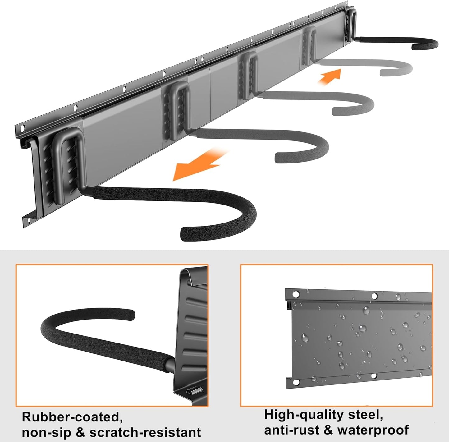 TORACK Wall Mounted Bike Storage Rack, Vertical Bikes Storage for Garage 5 Bikes Hangers for Wall, Modular Bicycle Storage Rack(3 Rails, 8 Hooks)