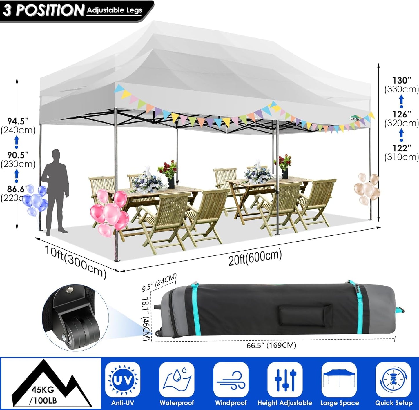 COBIZI 10x20 Heavy Duty Pop up Canopy Tent Easy Up Commercial Outdoor Canopy Wedding Party Tents for Parties All Season Wind & Waterproof Gazebo with Roller Bag,White(Frame Thickened)