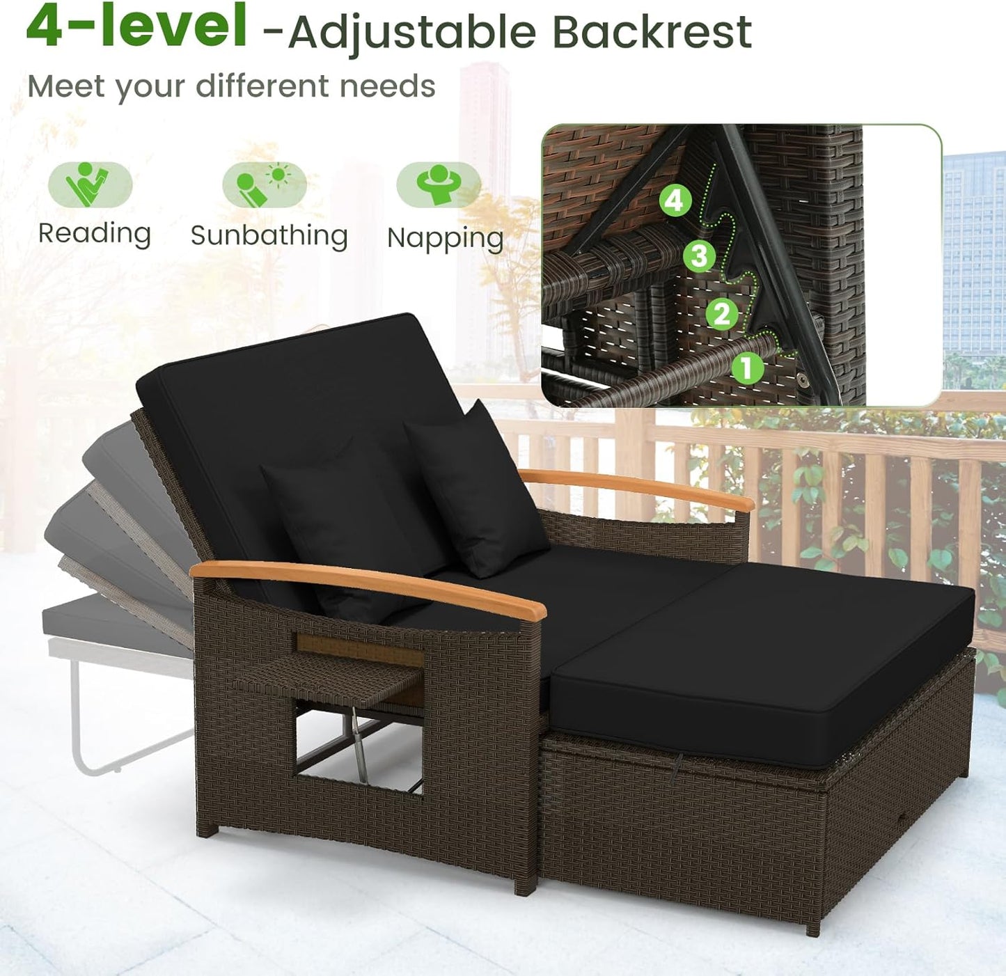 Tangkula Patio Rattan Daybed Set with Cushioned Loveseat and Storage Ottoman, Outdoor Double Chaise Lounger with 4-Level Adjustable Backrest and Retractable Side Trays for Backyard (Black)