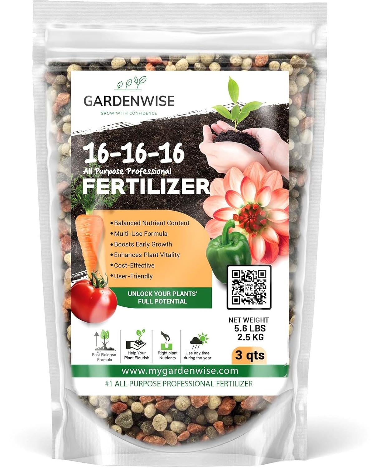 16-16-16 All Purpose Professional Fertilizer - Lawn & Flower & Tree & Shrub & Vegetable Garden Fertilizer (3 QUARTS)