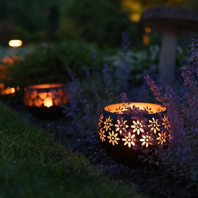 5.4” 4-Pack Decorative Metal Solar Patio Light with Flickering Flame, Waterproof Dusk-to-Dawn Garden Lantern, Matte Black