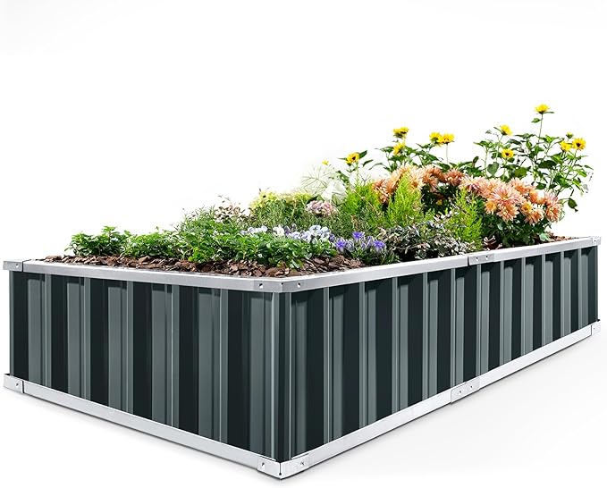 KING BIRD Raised Garden Bed 68"x 36"x 12" Galvanized Steel Metal Outdoor Garden Planter Box Kit with 2 Pairs of Gloves (Dark Grey)