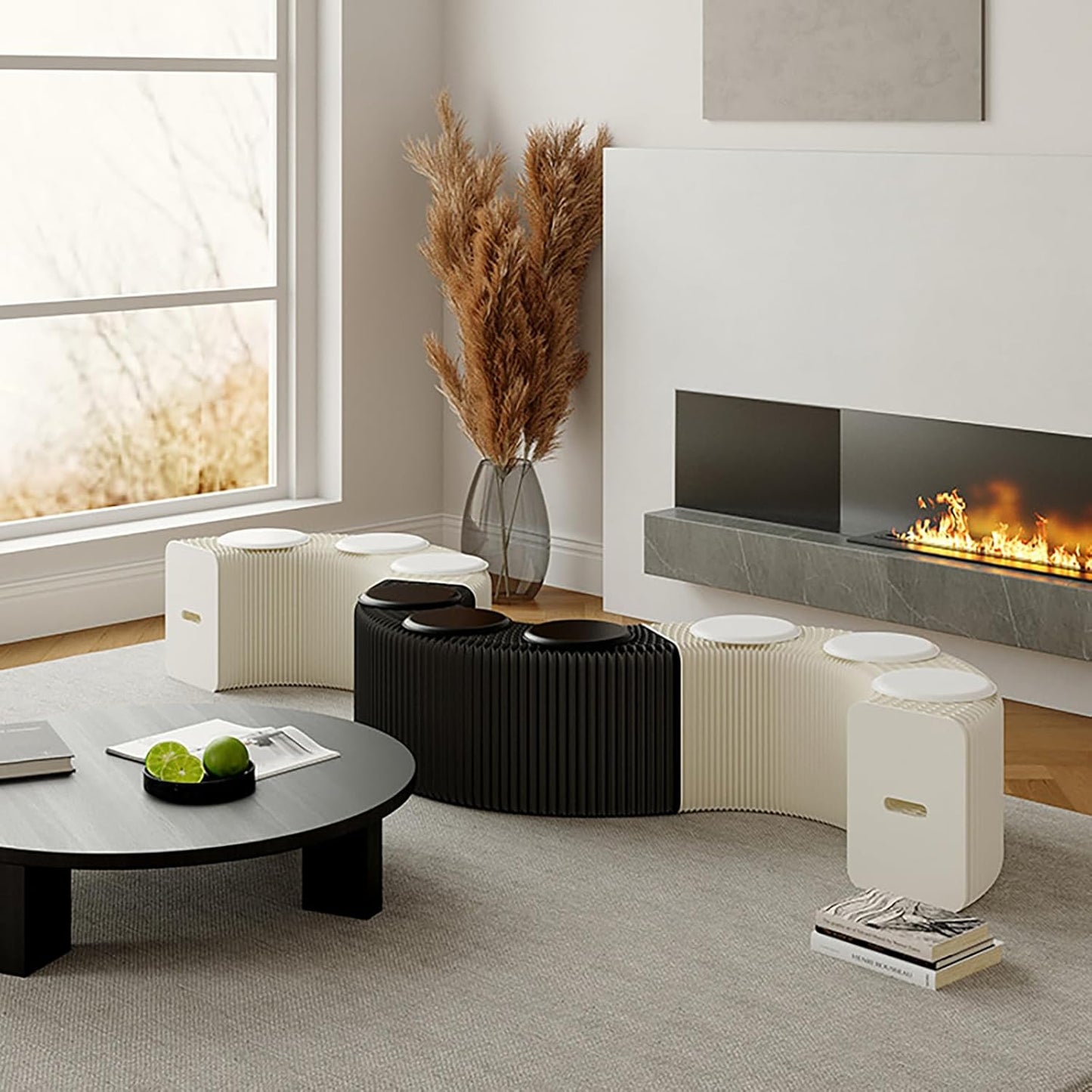 Foldable Kraft Paper Stool, Honeycomb Accordion Folding Bench, Collapsible Paper Stool for Small Spaces, Portable Footrest and Side Table for Living Room and Office,Black-44×31×600cm