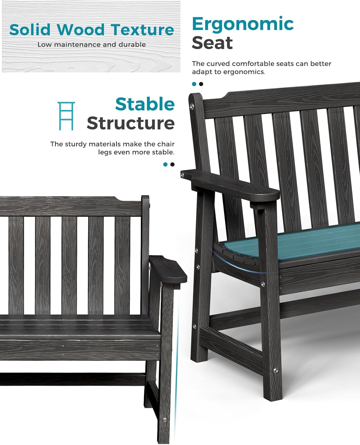 Outdoor Bench, 2-Person HDPE Garden Bench, All Weather Poly Patio Bench for Outdoors, Garden, Backyard, Porch and Park, 660 lbs Weight Capacity, Black, 2 Pack