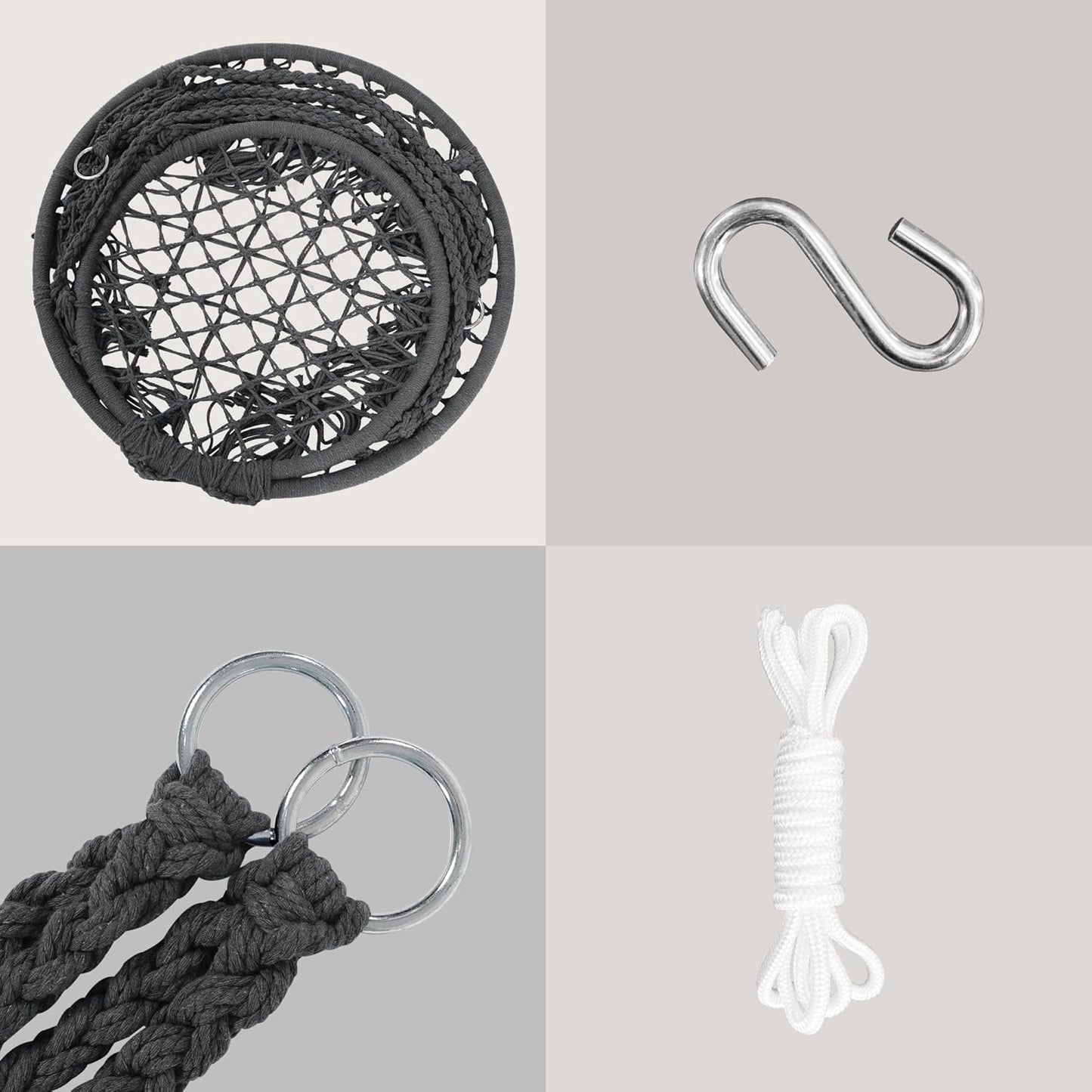 SUNCREAT Hammock Chair Hanging Macrame Swing with Hardware Kits, Max 330 Lbs, Handmade Knitted Mesh Rope Swing Chair for Indoor, Outdoor, Bedroom, Patio, Yard, Garden, Pack of 2, Grey