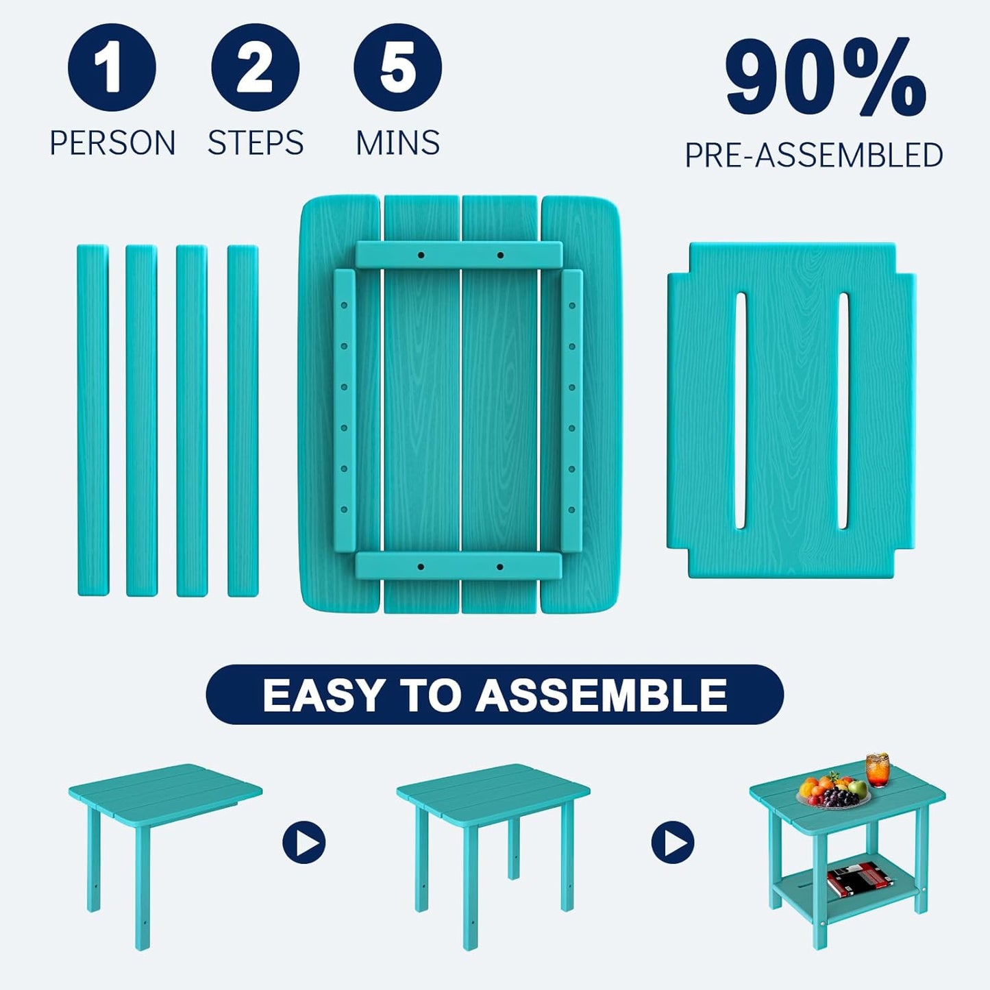 Adirondack Square Side Table - 18.4" Large Panel HDPE Outdoor End Table - Weatherproof, Rustproof & Low Maintenance for Patio, Lawn, Pool, Indoor Use (Aruba)