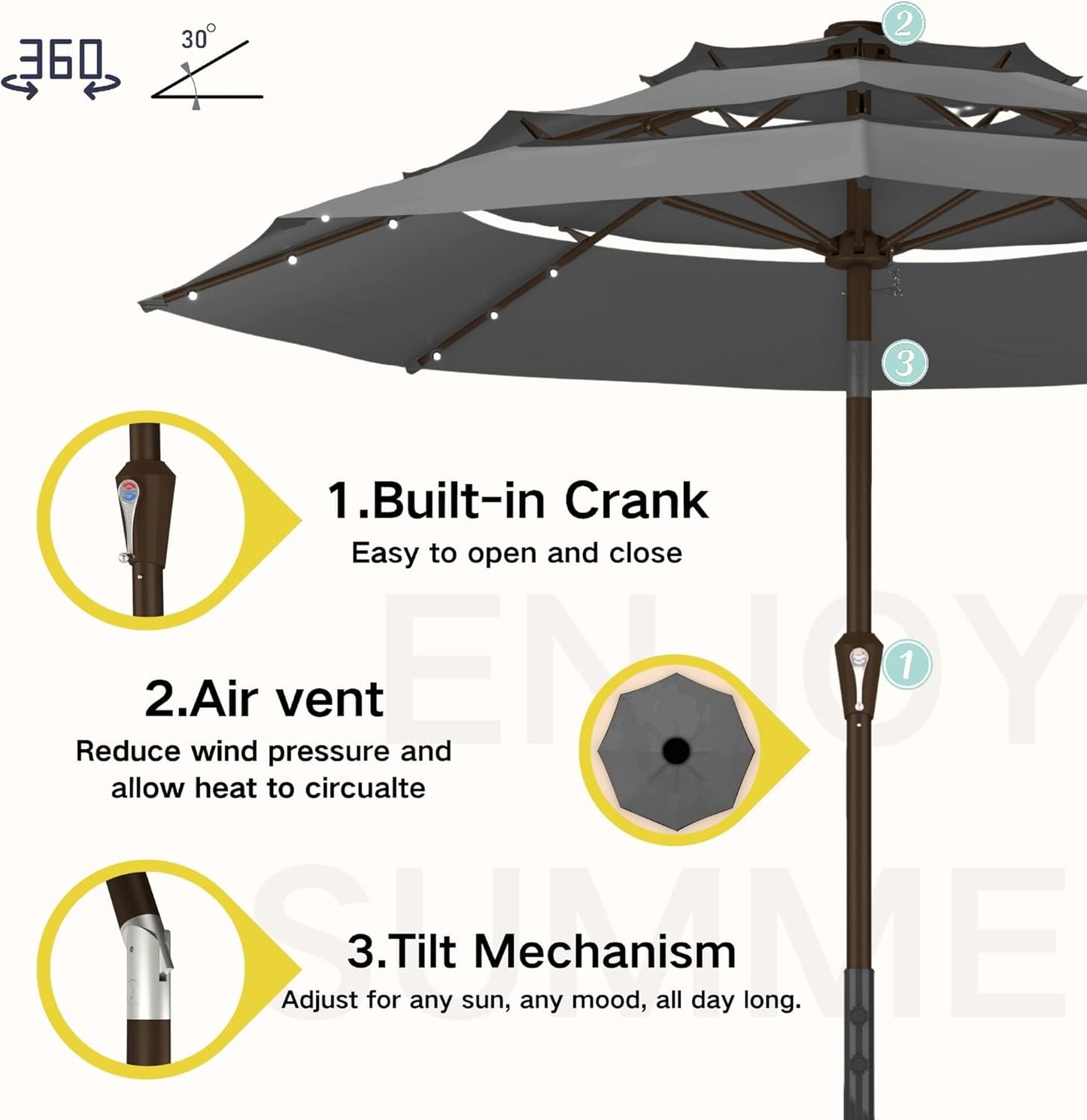 Kingdura 10ft 3-Tier Patio Umbrella with Solar Lights, Table Umbrella Outdoor Patio with Easy Crank & Tilt, 8 Sturdy Ribs, UV Protection, 32 LED Lights for Deck, Poolside, Market (Grey)