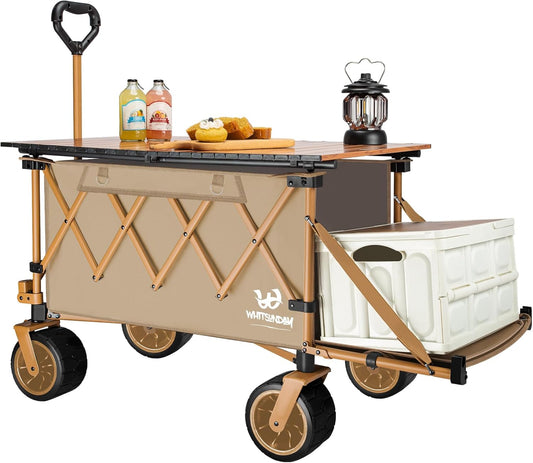 Whitsunday Collapsible Folding Wagon with Table,Heavy Duty Utility Beach Wagons with Opened Tailgate and All-Terrain Wheels for Camping,Garden,Sports Khaki