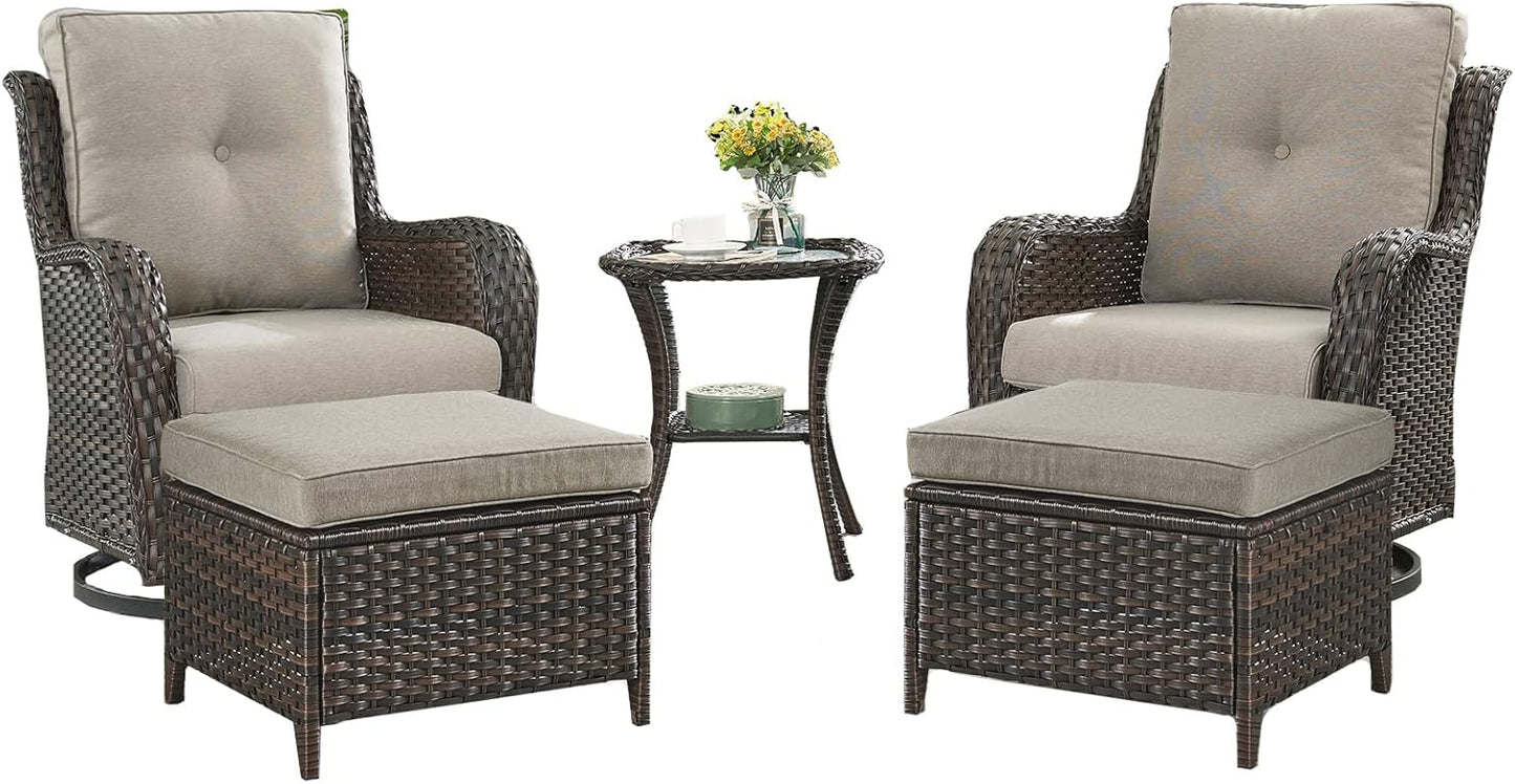 Outdoor Wicker Patio Furniture Set - 5 Pieces Rattan Patio Conversation Set with 2 Rocking Swivel Chairs,2 Ottomans and 1 Side Table for Porch Deck Backyard Garden(Brown/Grey)
