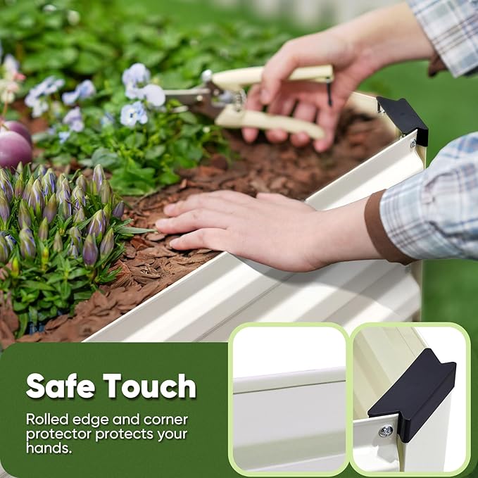 KING BIRD Raised Garden Bed Kit with Bottom 2025 Upgraded Galvanized Planter Garden Box Outdoor & Indoor for Gardening, Vegetables, Flowers, Beige, 35.4x11.8x11.8 in