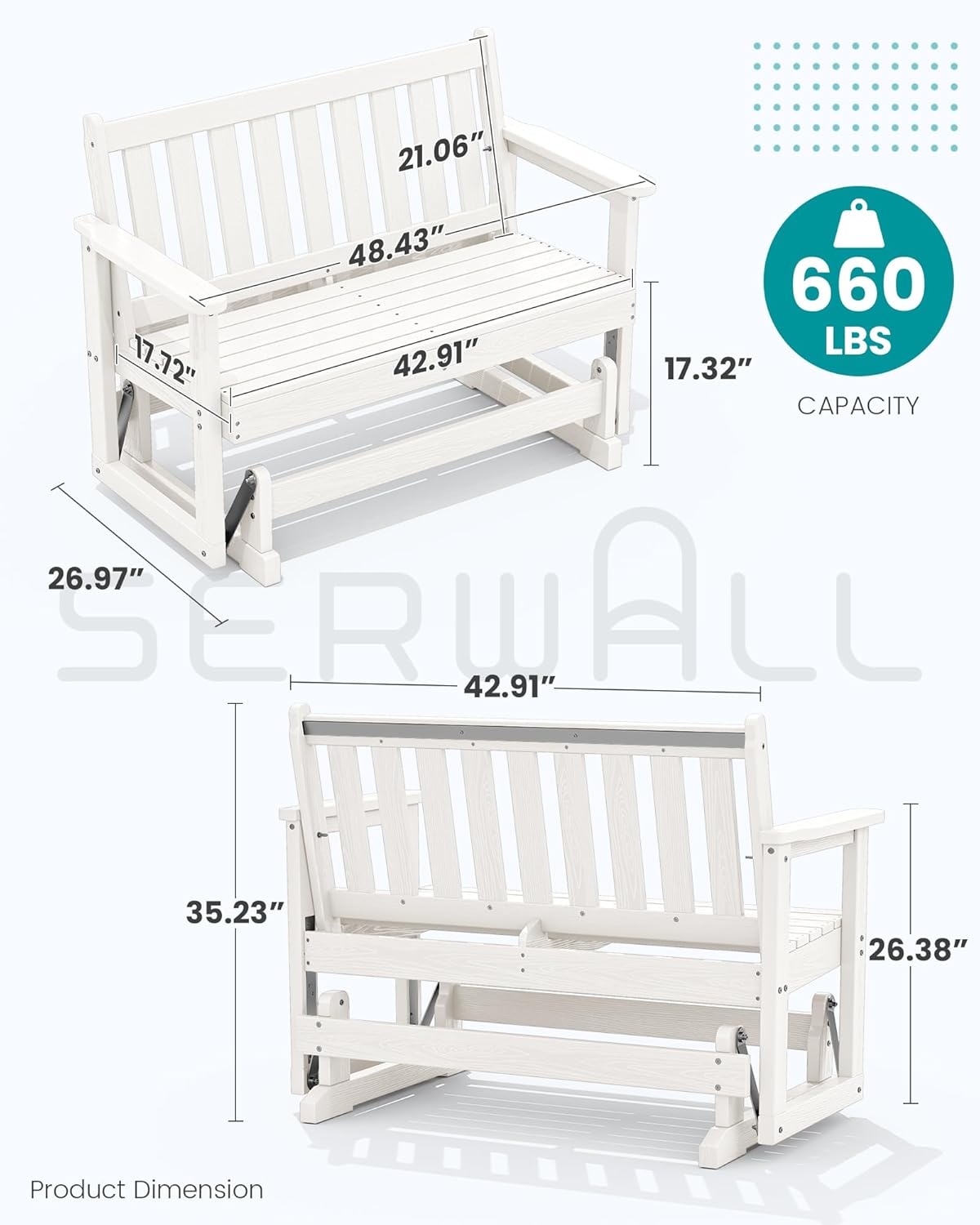 SERWALL 2 Person Patio Glider Rocking Chair, HDPE Material Weather-Resistant Swinging Bench for Outdoor Porch Garden, White