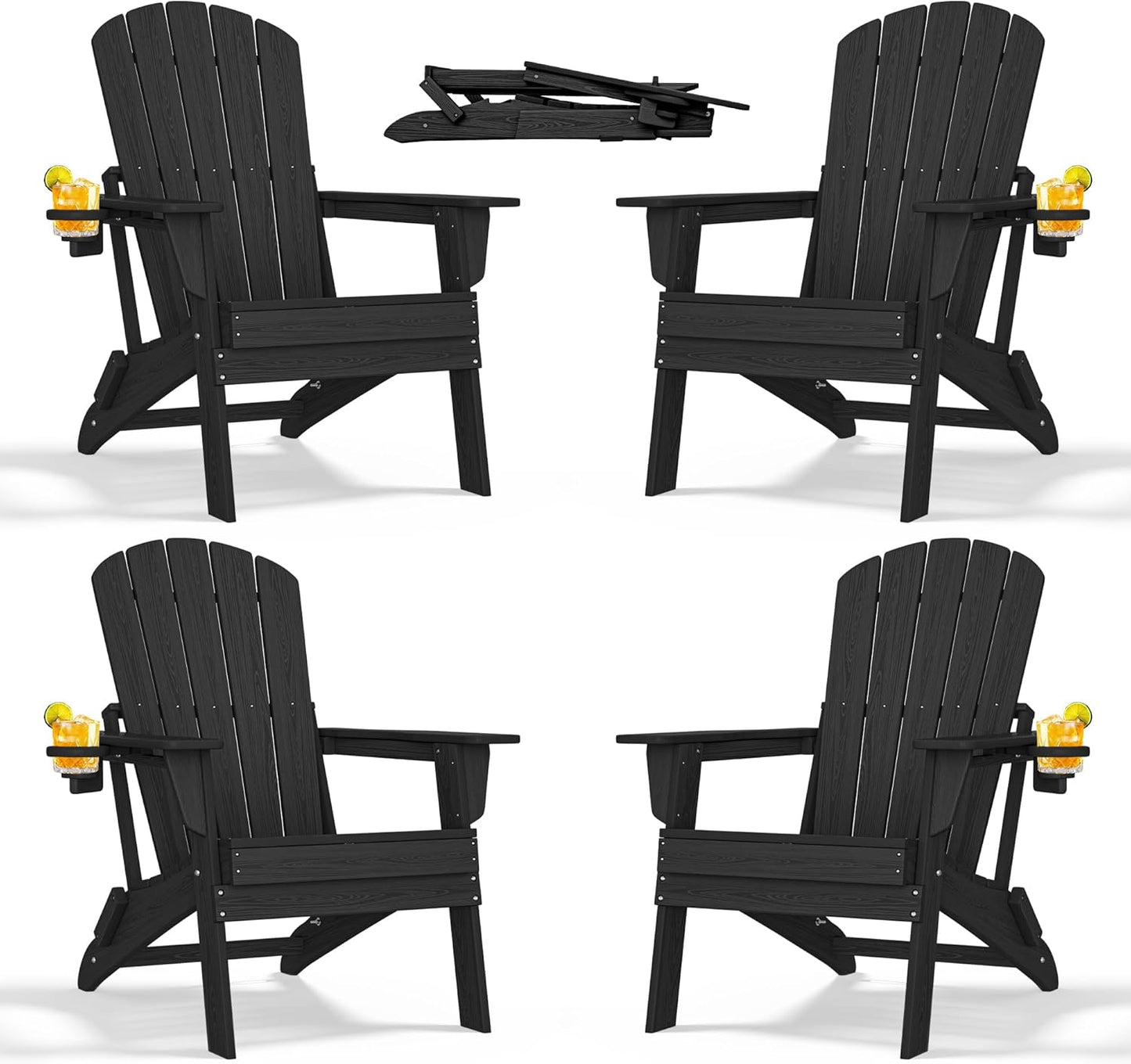 Folding Adirondack Chair - Extended Ergonomic Backrest, Cup Holder - Easy Assembly - Durable HDPE Plastic, Weather Resistant & Maintenance-Free - Lawn, Patio, Deck Supports 380lbs Black