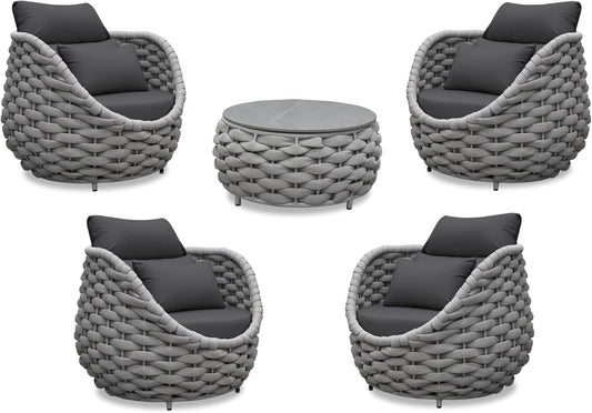 Woven Rope Deck Furniture Set: 5 Pieces Aluminum Patio Conversation Set All Weather - Cushioned Outdoor Sofa Set Assembled - Metal Modern Couch Set for 400 lbs Porch Deck Garden Poolside Hotel