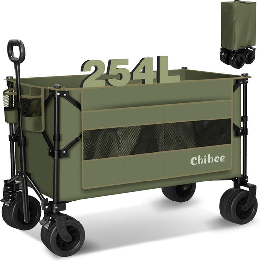 Chihee Garden Cart Collapsible Outdoor Utility Wagon Cart,Folding Beach Cart Oversized Capacity 254L,Heavy Duty Portable Wagon All Terrain Wheels Oversized Side Pocket 2 Drink Holders for Camping