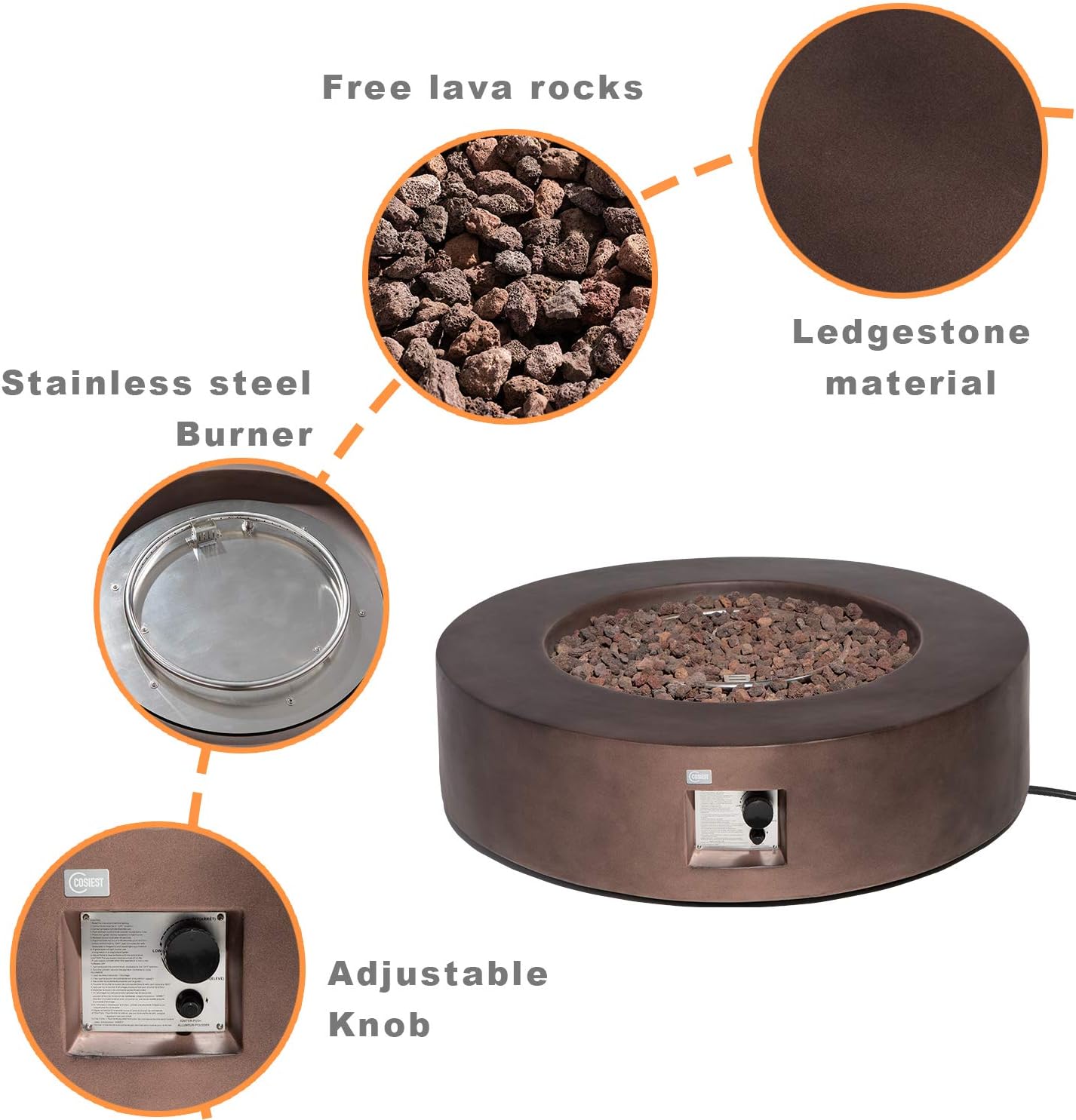 COSIEST Outdoor Propane Fire Pit Coffee Table w Dark Bronze 42 inch Round Base Patio Heater, CSA Certified, 50,000 BTU Stainless Steel Burner, Free Lava Rocks, Waterproof Cover