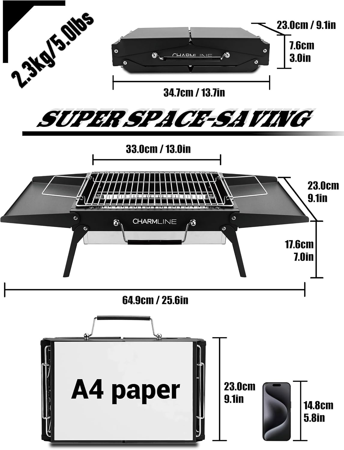 Charmline 14x9inch Foldable Portable Grill Charcoal, Compact Portable Grill for Outdoor Use, Desktop Charcoal Grill, BBQ Grill for Camping, Picnics, Gardens and Beach Parties, Green, Black