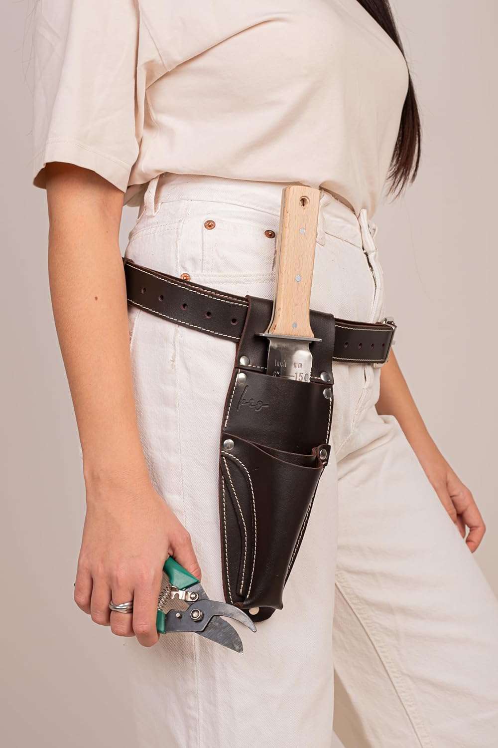 Hori Hori Leather Sheath Belt with Pruner and Scissor Pockets. Personalized Florist Tool Belt Leather, Gardening Belt with Pockets. (Dark Brown, One Size - Adjustable)