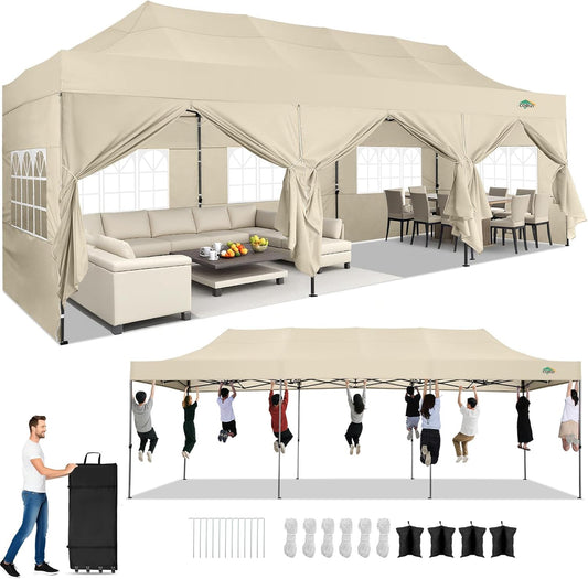 COBIZI 10x30 Pop up Canopy Heavy Duty with 8 Sidewalls, Easy Set-up Commercial Outdoor Party, 100% Waterproof Wedding Canopy Gazebo, 3 Height Adjustable with Wheeled Bag, Khaki