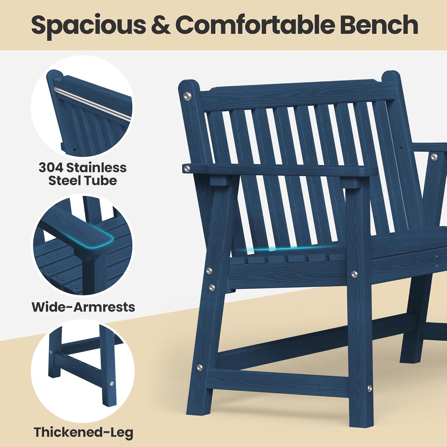 Ciokea 44" Outdoor Bench, HDPE Weatherproof Garden Bench, 2-Person Porch Benches with 550 Lbs, Waterproof Patio Benches for Outside Balcony Deck Backyard, Navy Blue