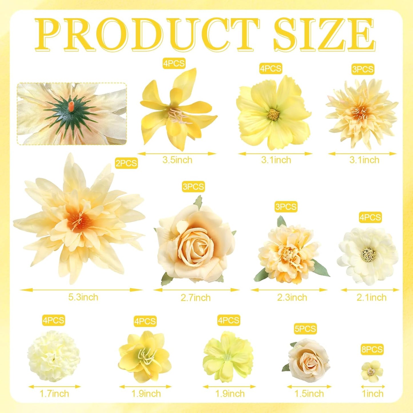 YYHUAWU Fake Flower Heads Mini Yellow Artificial Flower Faux Dahlia Rose Flowers Multicolor Silk Daisy Flower Heads for Craft Garland Wedding Bridal Baby Shower Home Party Decoration DIY Cake Decor