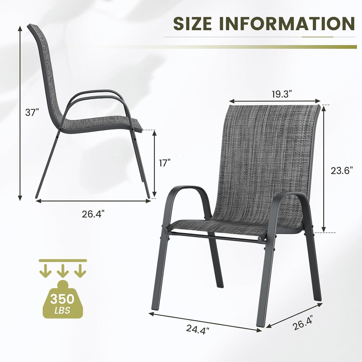 UDPATIO Patio Chairs Set of 2, Stackable Outdoor Dining Chairs with High Back, Breathable Textilene Fabric Outdoor Chair All Weather, 350LBS Capacity for Garden, Backyard (Dark Grey)