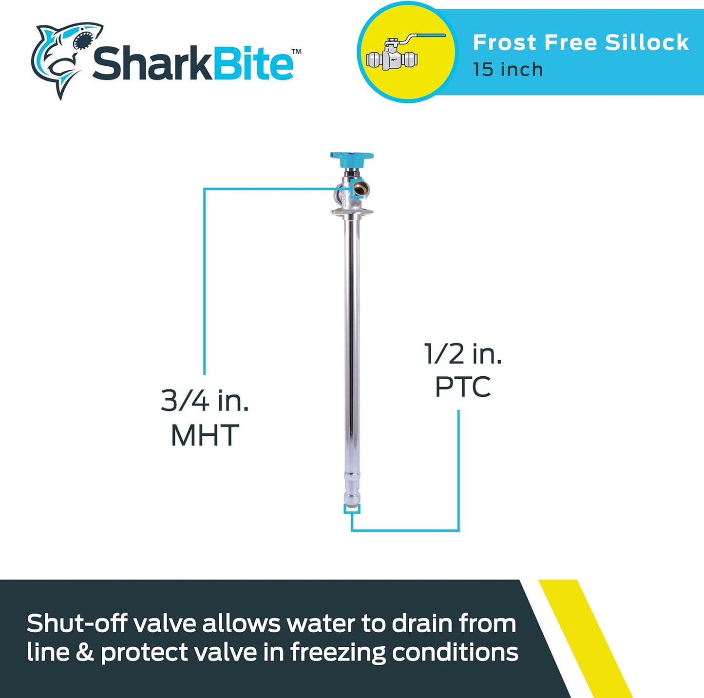 SharkBite 15 Inch Frost Free Sillcock, 1/2 x 3/4 Inch MHT, Push to Connect Brass Plumbing Fitting, PEX Pipe, Copper, CPVC, PE-RT, HDPE, 24637LF