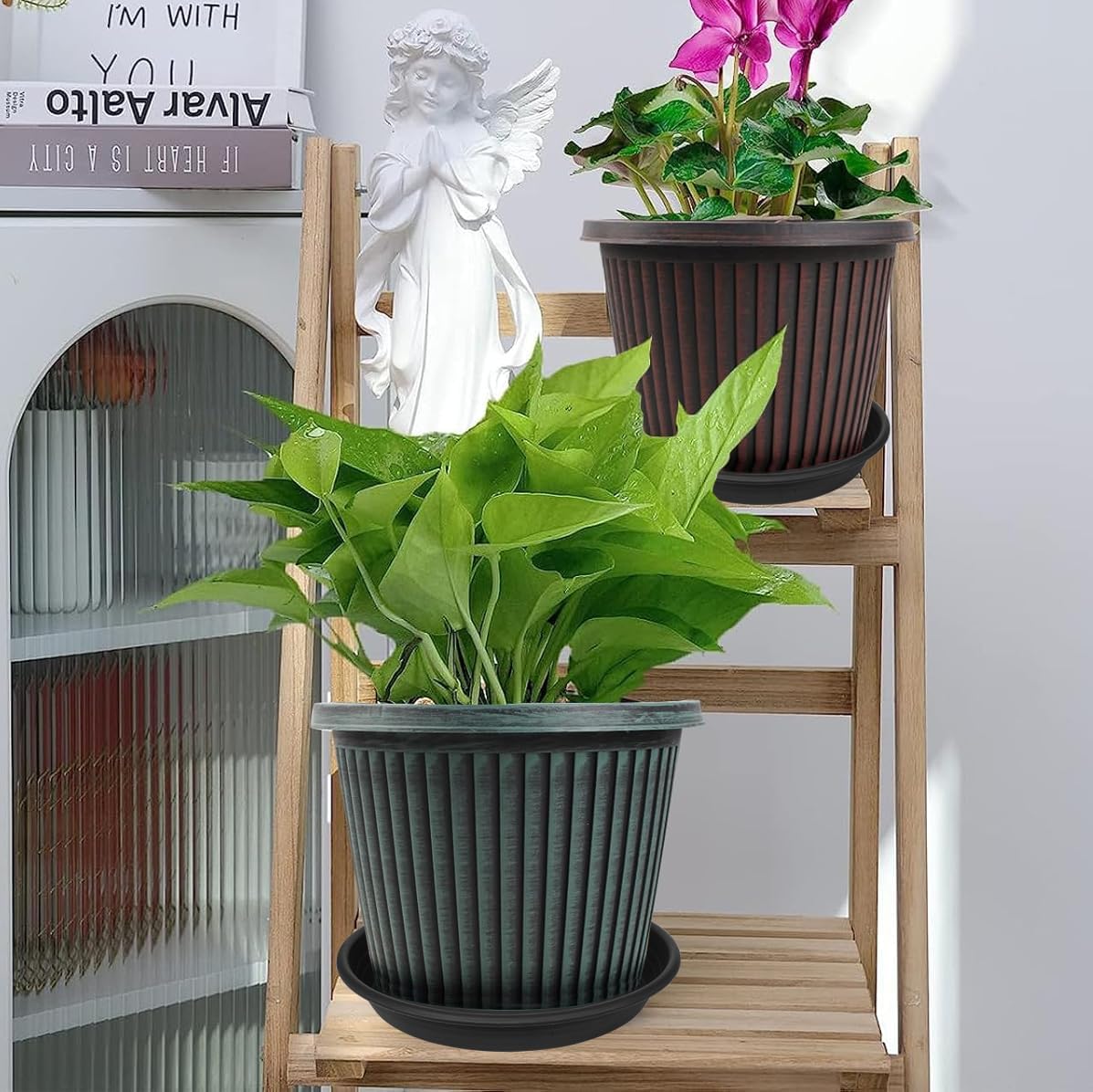 6 Pack Plant Saucer 8 inch, Heavy Duty Plastic Plant Water Tray, Planter Saucers, Flower Pot Tray, Planter Tray, Bird Bath Bowls, Water Trays for Plant Pots 7"/8" (Black)