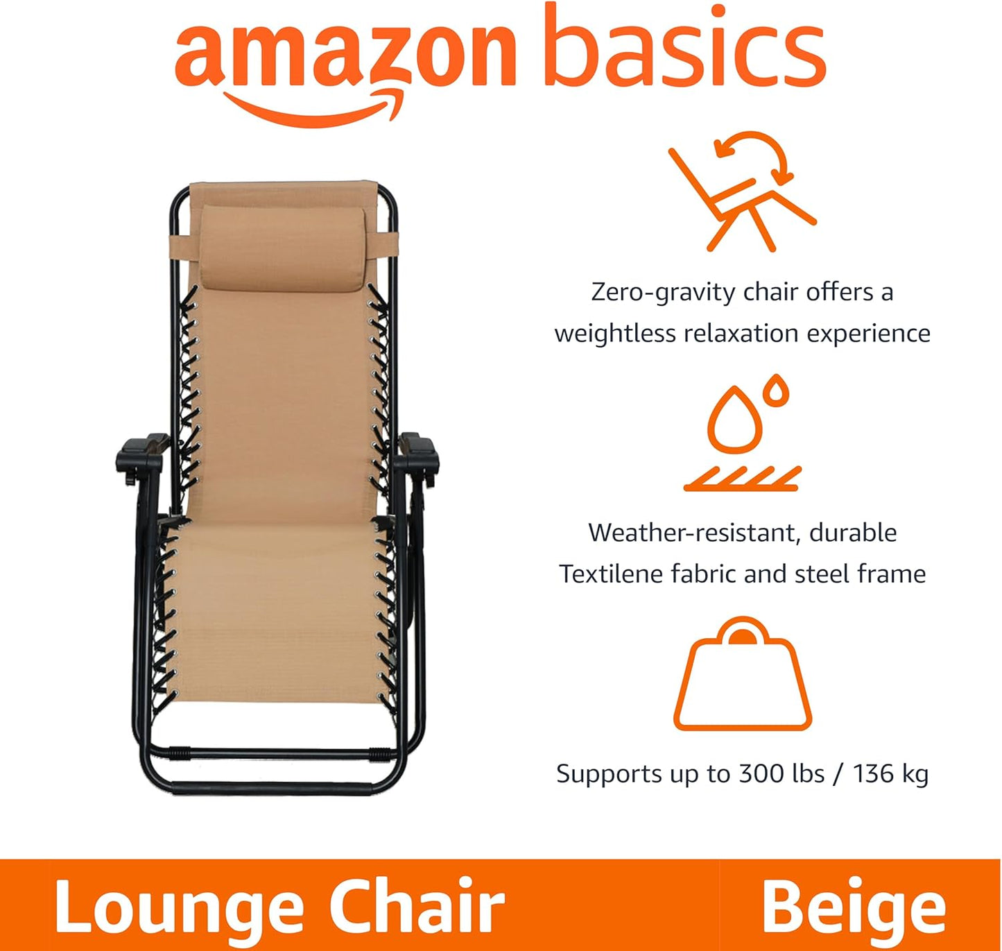 Amazon Basics Outdoor Patio Zero Gravity Lounge Chair with Pillow, Folding Reclining and Textilene Adjustable, Folding Lounge Lawn Chairs for Outside, 26", Beige