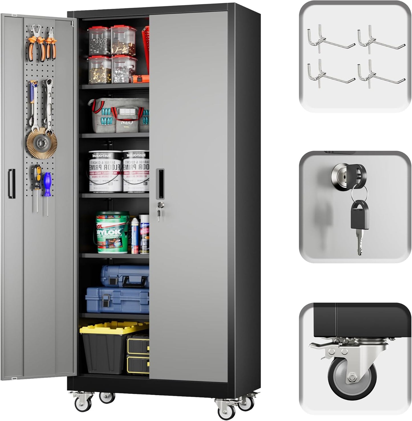 71" H×32" W×16" D Garage Storage Cabinet with Wheels & Pegboard, Locking Metal Storage Cabinet with Doors and 5 Adjustable Shelves & & 4 Hooks for Garage Warehouse Home Office, Black and Gray