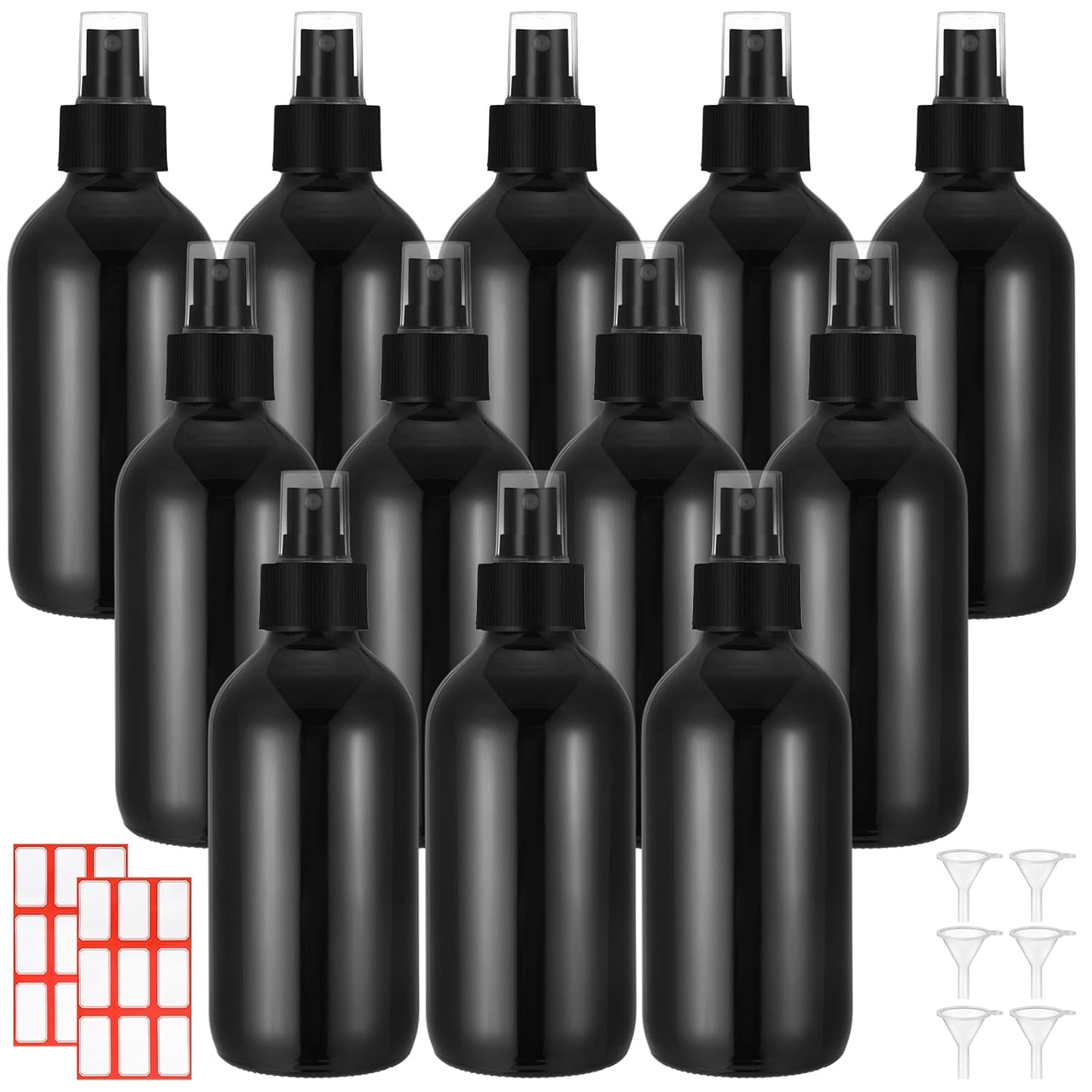 Norme 12 Pcs 8 oz Glass Spray Bottles with Funnels and Labels Refillable Cosmetic Empty Spray Bottles with Sprayer Containers for Essential Oil Cleaning Solutions(Black,Stylish)