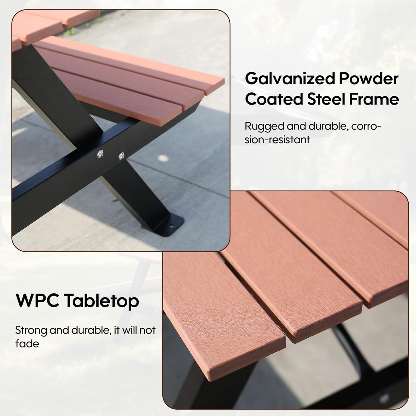 4FT Outdoor Picnic Table and Bench Set with 2" Umbrella Hole, WPC Tabletop Seattop Patio Dining Set for 4 People, Outdoor Dining Table and Chair for Park Garden Yard Patio- Brown